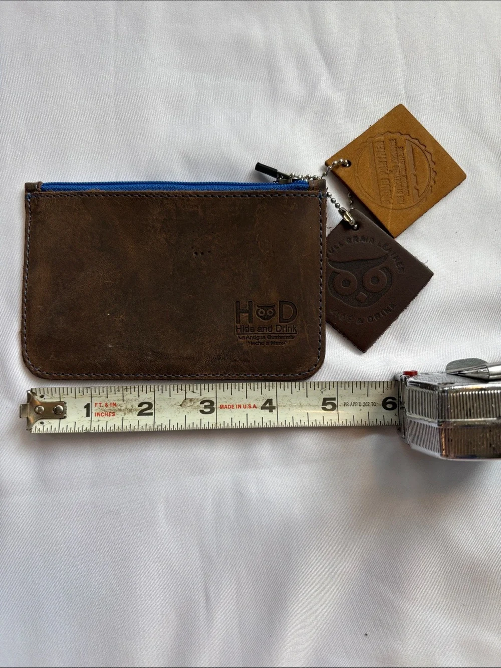 Brown Leather Zip Wallet with Blue Zipper